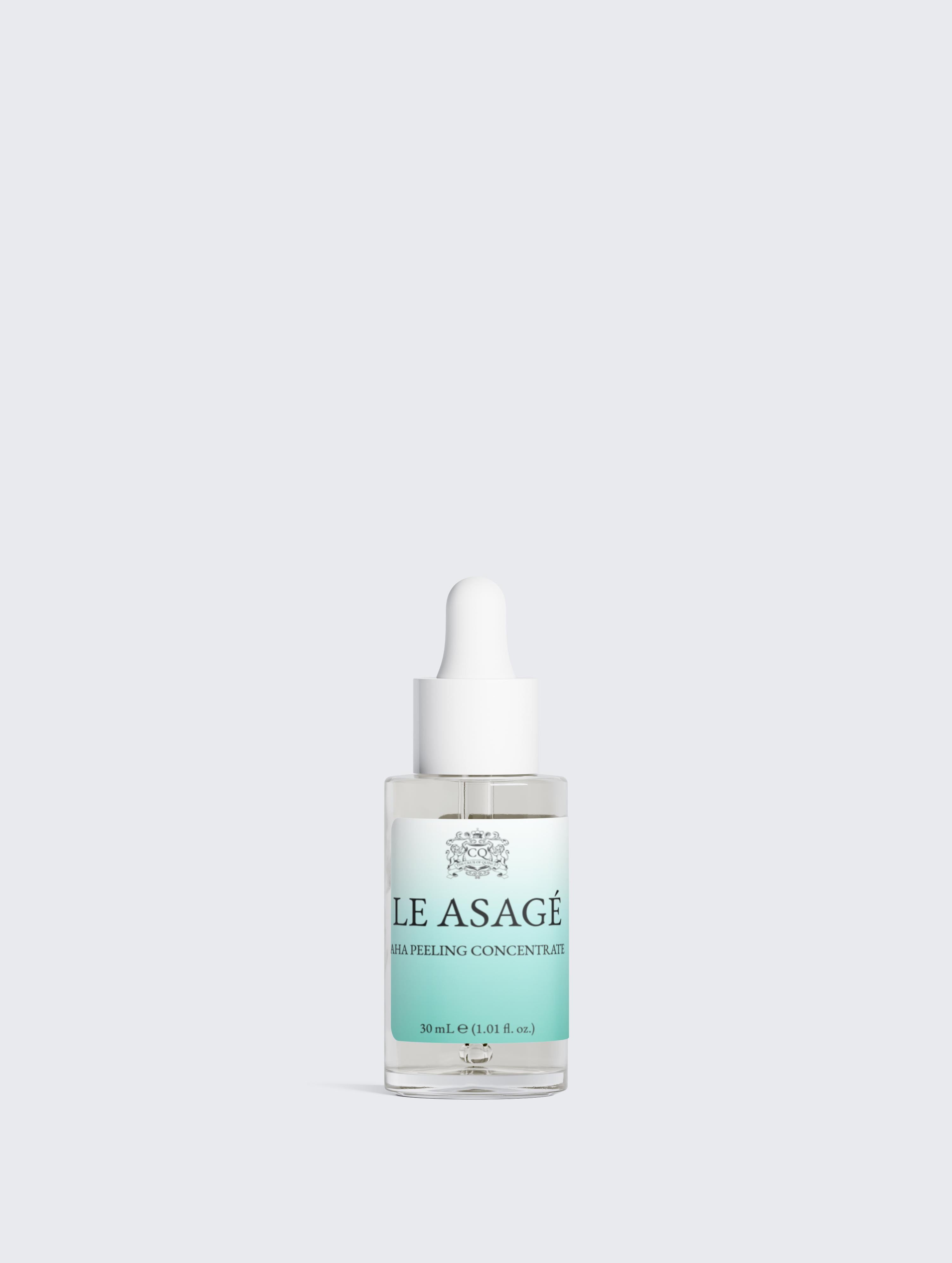 Bottle of Le Asage skincare product on a light gray background