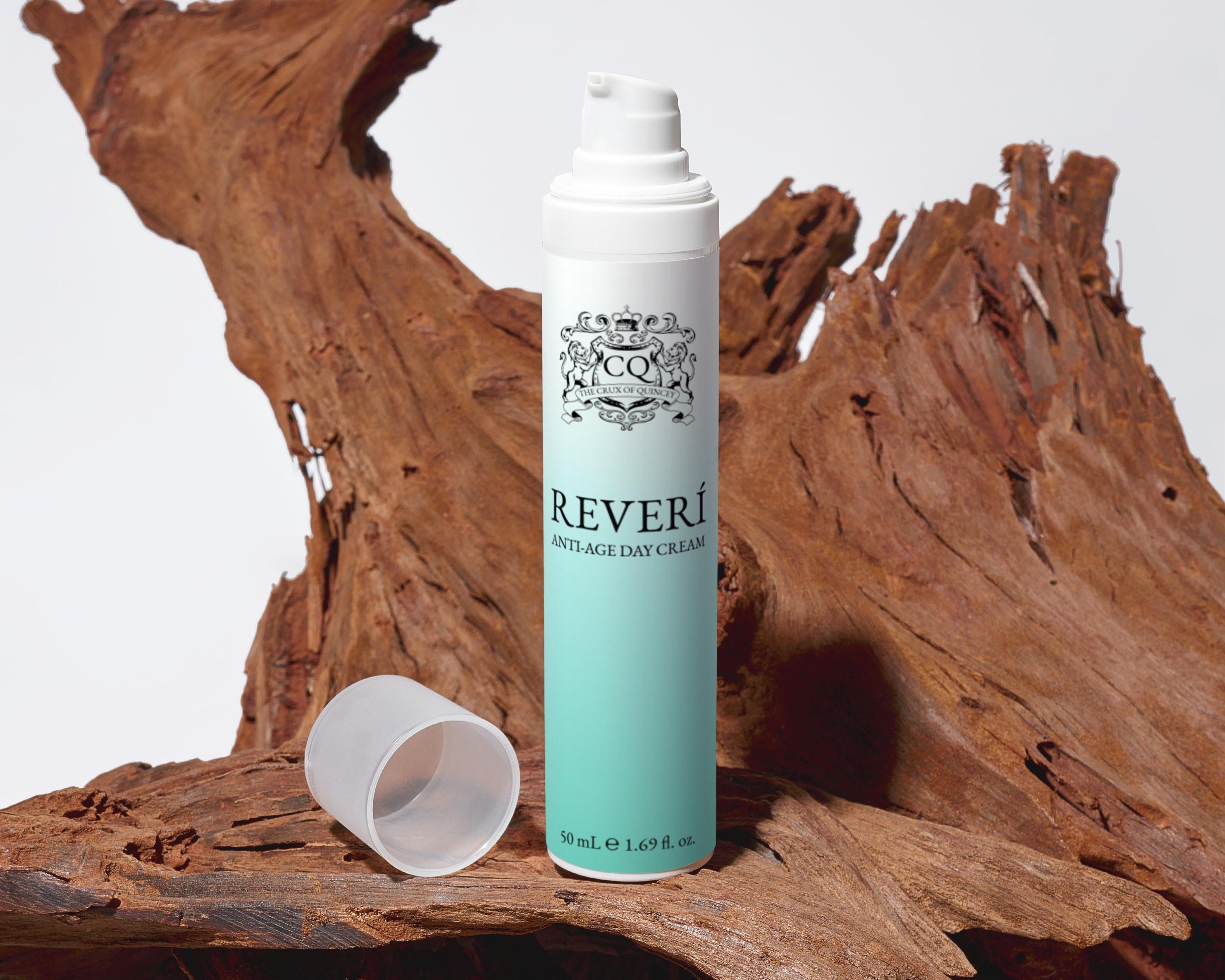 Skincare product bottle labeled 'REVERI' on a wooden surface